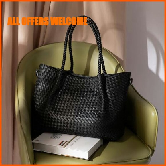 Large Vegan Leather Woven Tote Bag with Crossbody Strap & Zipper Pockets